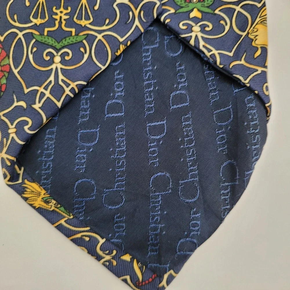 Christian Dior Monsieur Silk Tie Navy Blue Gold Mythological Motif Made in Italy